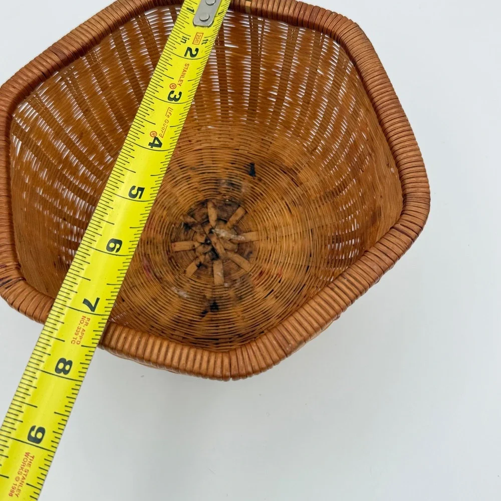 Vintage woven Wicker Basket Brown Boho Hexagonal Storage Decor Cottagecore